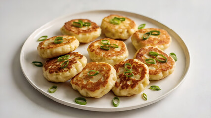 Delicious golden potato pancakes topped with fresh green scallions served on a white plate