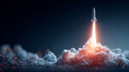 In pursuit of the sky: the rocket that defies limits. Ai interface. The gleaming rocket's ascent with its smoky trail. Cyber grid. Smart technology.
