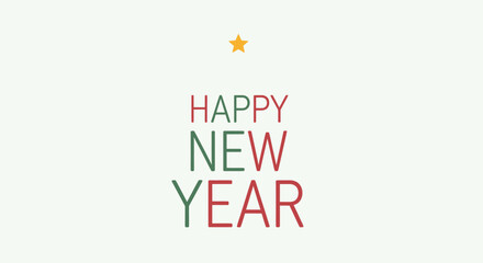 Minimalist Happy New Year greeting card with red and green text and a yellow star on a white background, celebrating the holiday season.