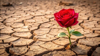 A Vibrant Red Rose Blooming Amidst Dry, Cracked Earth, a Symbol of Resilience and Life's Persistence in Arid Conditions