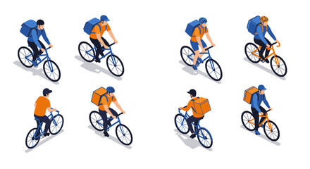 Obraz premium Diverse cyclists with backpacks in isometric style for delivery or leisure activities