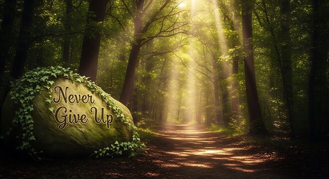 Sunlight streams through a lush forest illuminating a mossy rock with the inscription never give up inspiring hope and perseverance