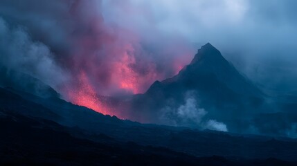 Dramatic volcanic eruption spewing glowing lava and ash clouds amidst dark rugged terrain under a moody twilight sky