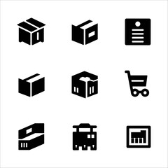Assortment of nine black icons depicting packaging, shipping, and logistics elements on a