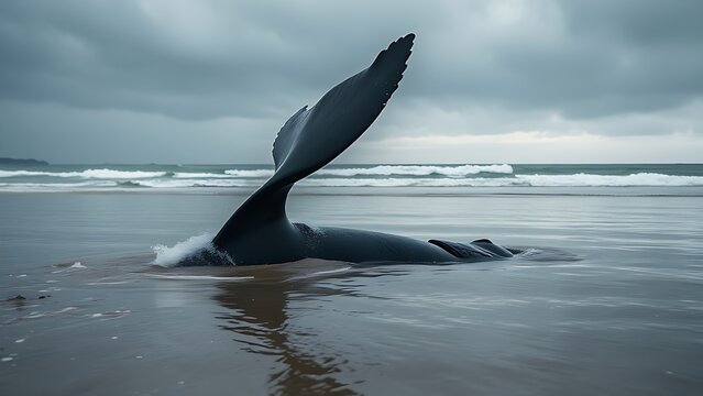 motherliness. Beached whale with tail fin splashing in shallow water under overcast sky. wildlife magazines, conservation campaigns, designed for eco-tourism storytelling.
