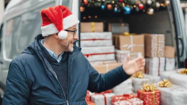 Confident smiling delivery man with beard and glasses wears Santa hat and warm jacket, standing with his arms crossed in front of an open van overflowing with beautifully wrapped Christmas gifts