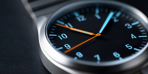 Fototapeta premium A close up of a wrist watch with blue and orange hands showing the time as ten minutes after two o'clock