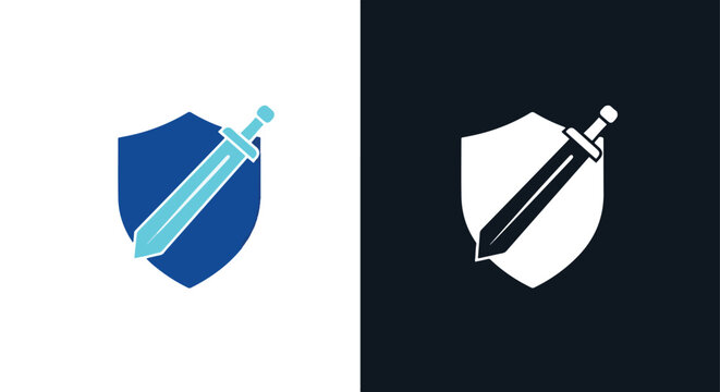 Defense shield and sword emblem - Vector icon symbol for website - Icon vector - Blue icon vector - Line and glyph solid icon and logo template