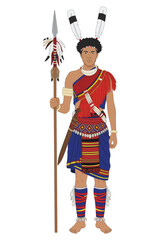 Hornbill Festival Vector Illustration. Traditional Naga Warrior Holding Rifle in Colorful Tribal Attire with Feather Headdress, Cultural Celebration of Nagaland, India, Folk Heritage, and Festival. © Meico Studio