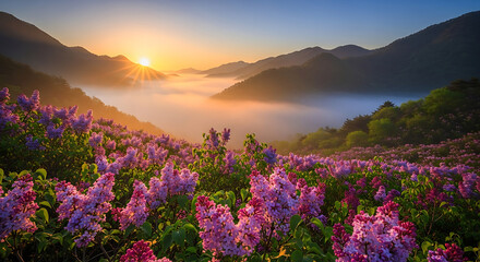 Sunrise over misty mountain valley
