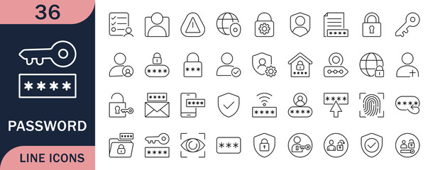 Password and security line icon set, Showing login, lock, privacy, fingerprint, and protection symbols. Perfect for web, app, and data safety design projects. © Masum