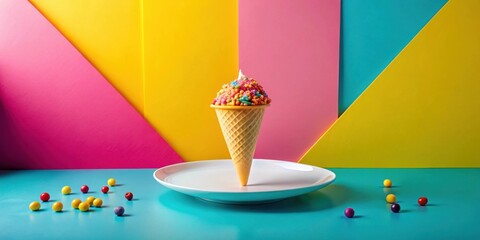 A vibrant confection in a crispy cone rests delicately on a pristine plate, surrounded by colorful candies against a backdrop of bold geometric shapes.