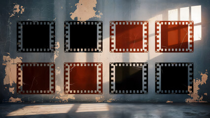 Obraz premium Vintage film strips displayed on a textured wall with dramatic light and shadows evoking nostalgia and creativity