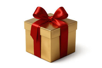Golden gift box with red ribbon bow, celebrating holidays, birthdays, and special occasions, surprising recipients