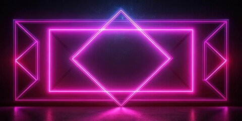 Abstract Futuristic Pink Neon Light Geometric Shapes on Dark Background with Reflective Floor