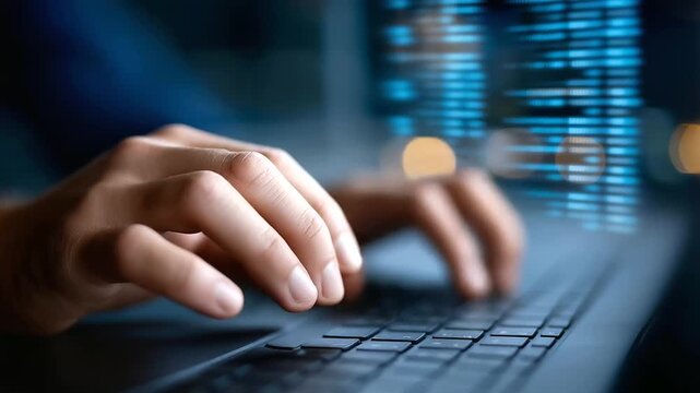 Hands analyzing data files on computer with AI defocused, faceless system engineer, file backup visualization, blurred screen background, FTP protocol detail, cloud security concep