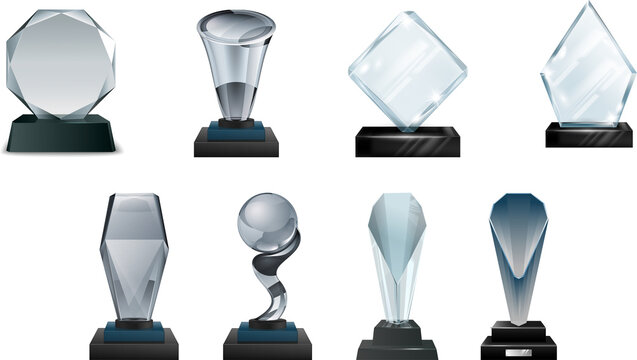 Crystal glass trophy awards transparent glass crystal award blank trophy transparent Set of 3D glass trophies isolated on transparent background rhombus shape winner awards on plastic, stone platforms