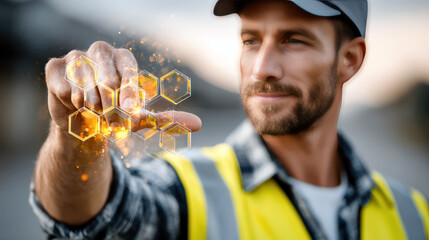 Futuristic industrial safety interface highlighting worker interaction and advanced technology