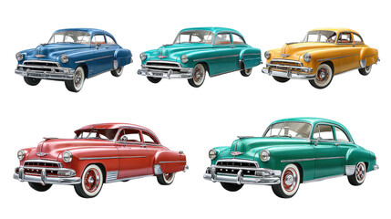 Timeless Classic Cars: Classic vintage cars with sleek curves, polished chrome, and luxurious interiors, isolated on a Transparent background, PNG file.