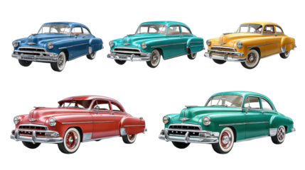 Timeless Classic Cars: Classic vintage cars with sleek curves, polished chrome, and luxurious interiors, isolated on a Transparent background, PNG file.