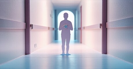 Fototapeta premium Person stands within long corridor. Soft lighting creates surreal, dreamlike atmosphere. Minimalist design emphasizes depth, isolation.