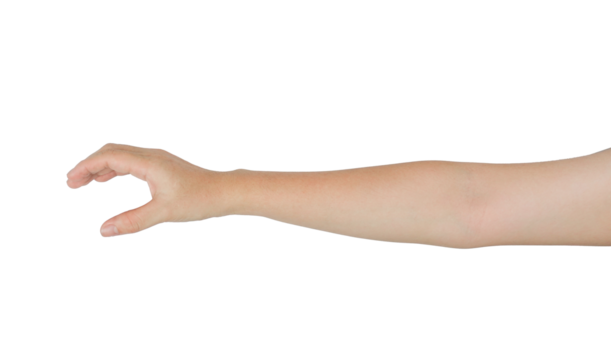 A human arm with a hand extended, reaching out towards an unseen object.
