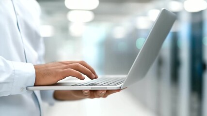 Hands holding laptop with server technician in data center defocused, faceless IT collaboration, cloud visualization detail, blurred rack servers background, network technology con - Powered by Adobe