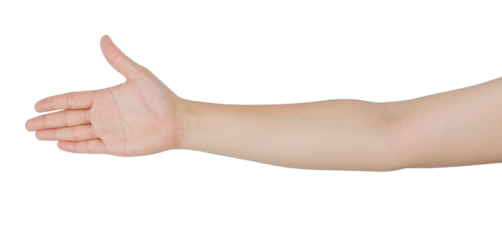 A human arm with a hand extended, fingers spread, and palm facing upwards.