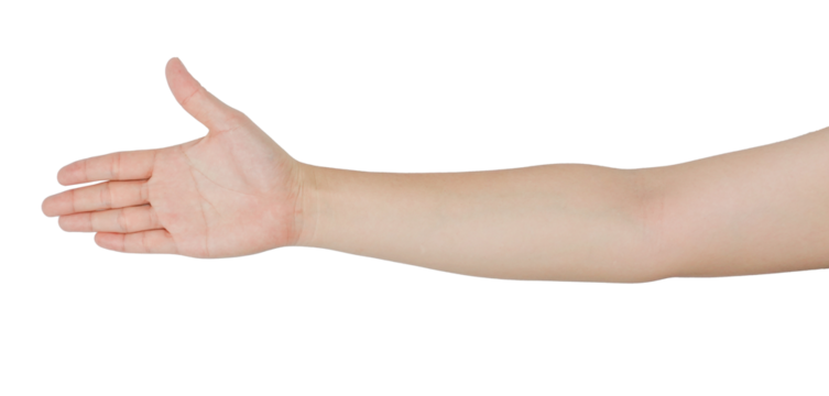 A human arm with a hand extended, fingers spread, and palm facing upwards.