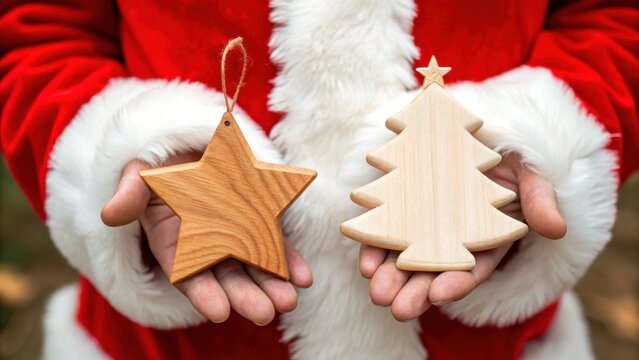 Santa zoro waste in Christmas theme. Santa holds wooden Christmas ornaments, a star and a tree, showcasing festive spirit and holiday cheer.
