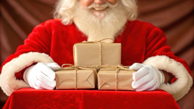 Santa zoro waste in Christmas theme. Cheerful Santa Claus with gift boxes, ready for holiday celebrations.