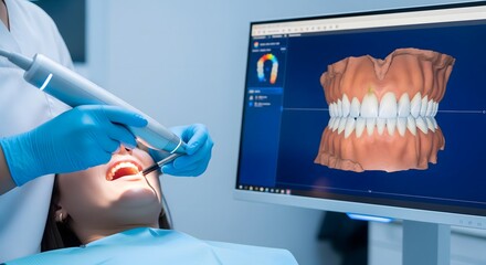 Dentist Performing Digital Intraoral Scan with 3D Tooth Model Display