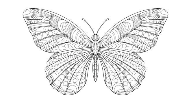 Detailed black and white illustration of a butterfly with intricate patterns on its wings.