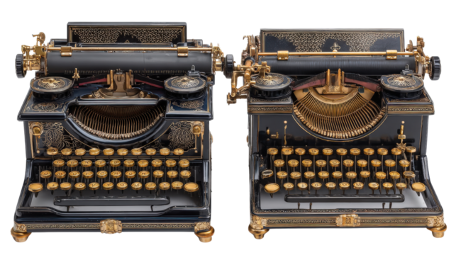 Vintage Typewriters: Elegant vintage typewriters with intricate keys and retro designs, isolated on a Transparent background, PNG file.