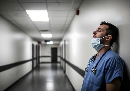 Tired Doctor Leaning Against Hospital Wall - Powered by Adobe