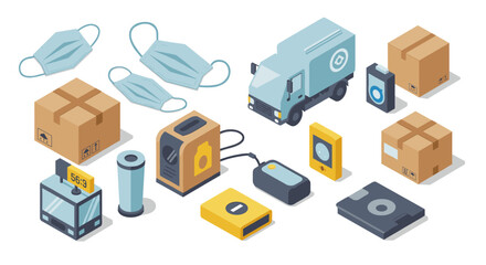 Isometric delivery truck with packaging and medical masks