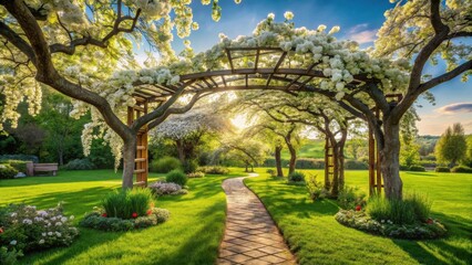 Obraz premium Serene Garden Path Under Blossoming Archway, Sunlight Dappling Green Lawn and Vibrant Flowers
