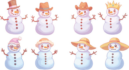 Snowman character set with festive hats, cute expressions, winter theme, cartoon style, holiday decoration, seasonal fun, isolated vector illustration