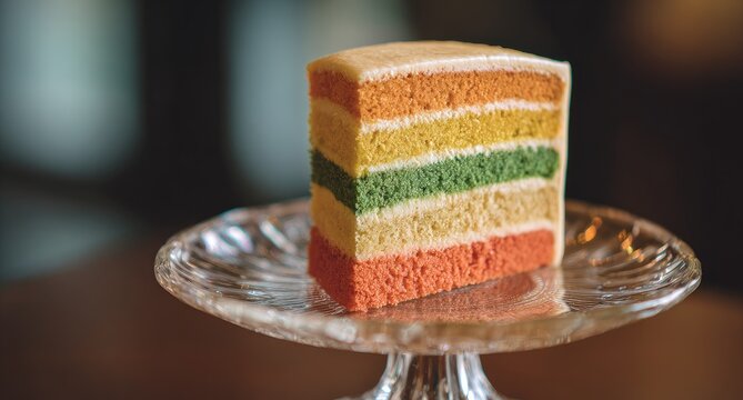 Colorful layered cake slice on a glass stand