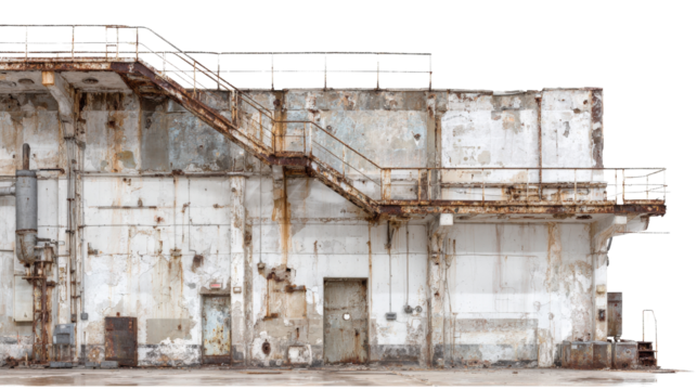 Urban Exploration Photography: Urban exploration photography of abandoned buildings, factories, and hidden spaces, isolated on a Transparent background, PNG file.