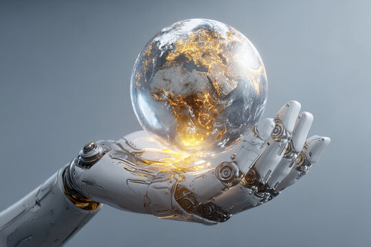 A robotic hand gently holding a glowing holographic globe, symbolizing AI-powered solutions for the planet.