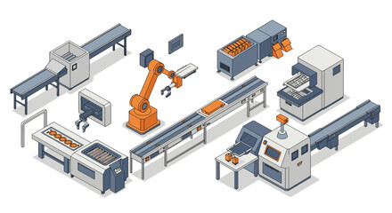 Obraz premium Isometric factory automation with robotic arms and conveyor belts