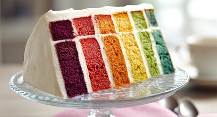 Rainbow layer cake slice on stand (1)