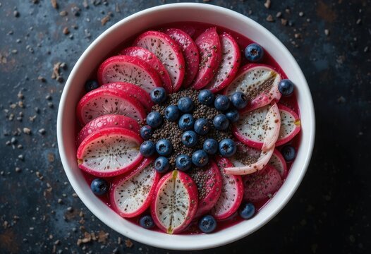 Exotic Fruit Bowl: A vibrant and appetizing bowl featuring slices of dragon fruit, surrounded by fresh blueberries and a sprinkling of toppings. An invitation to healthy eating.