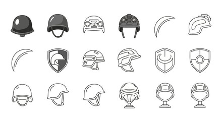 Vector illustrations showcasing a wide range of protective helmets and shields, including military, historical, and sports designs.