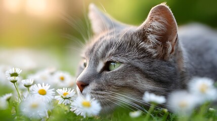 This detailed close up captures a serene grey tabby cat with green eyes curiously smelling delicate white daisies amidst lush green grass bathed in warm sunlight