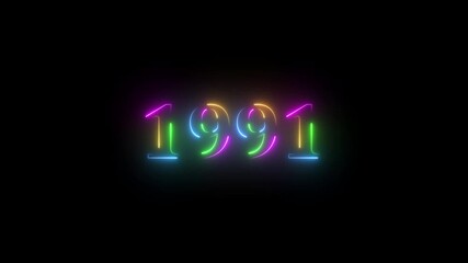 1991 neon line text. Abstract 1991 neon text animation ,For neon color Glowing neon number text background 4k video animation . 1991 title metal text on glowing text animation black background
