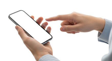 Close up of a person holding a smartphone with a blank screen, isolated on transparent background finger touching the screen
