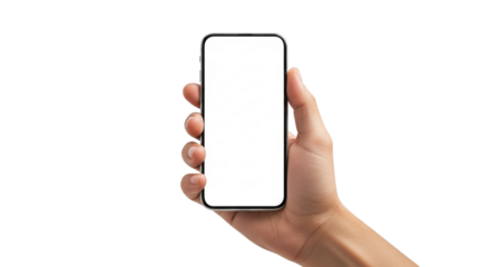 Hand holding smartphone with blank screen isolated on transparent background, perfect for showcasing app or mobile website design