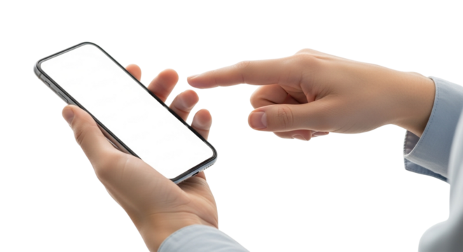 Close up of a person holding a smartphone with a blank screen, isolated on transparent background finger touching the screen